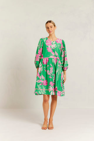 Holly Cotton Silk Dress in Spring Green Night Garden Print