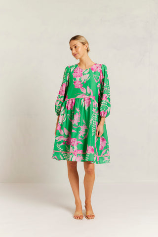 Holly Cotton Silk Dress in Spring Green Night Garden Print