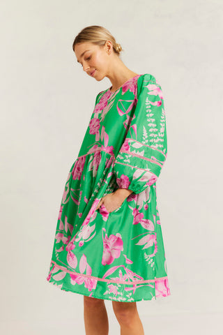 Holly Cotton Silk Dress in Spring Green Night Garden Print