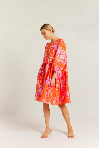 Holly Dress Cotton Silk Dress in Tangelo Night Garden Print