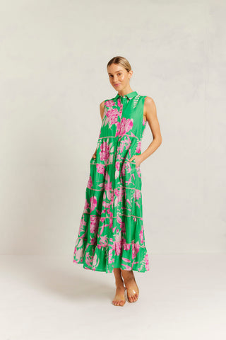 Marlow Cotton Silk Dress in Spring Green Night Garden Print