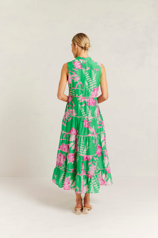 Marlow Cotton Silk Dress in Spring Green Night Garden Print