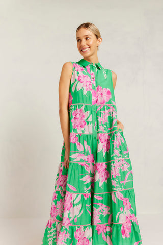 Marlow Cotton Silk Dress in Spring Green Night Garden Print