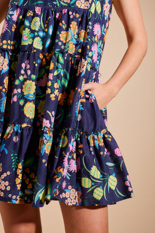 Modena Cotton Silk Dress in Navy Rosa's Garden Print