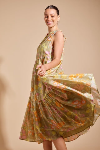 Portofino Cotton Silk Dress in Sage Rosa's Garden Print