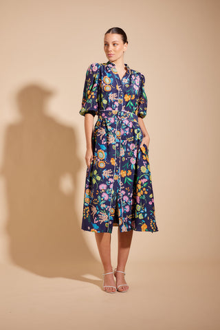 Lyon Cotton Silk Dress in Navy Rosa's Garden Print