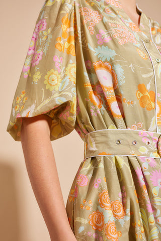 Lyon Cotton Silk Dress in Sage Rosa's Garden Print