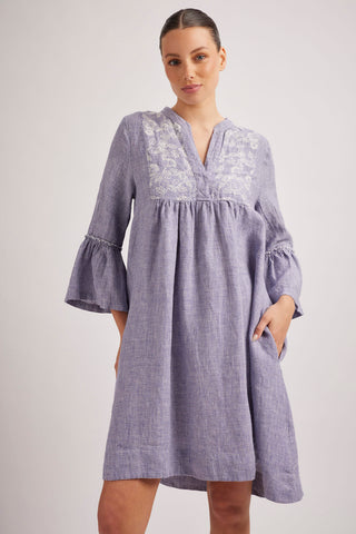 Rover Linen Dress in Navy Houndstooth