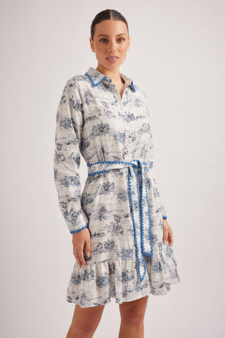 Messina Linen Dress in Navy French Toile