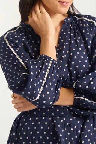 Antonia Ramie Dress In Navy/Ivory Spot