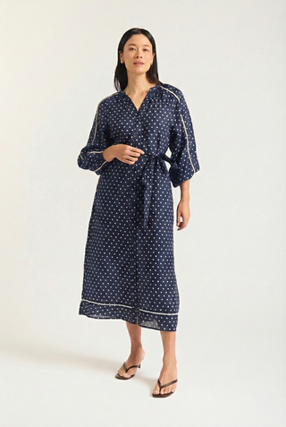 Antonia Ramie Dress In Navy/Ivory Spot