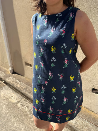 Jodie Linen Dress in Navy Lily Print