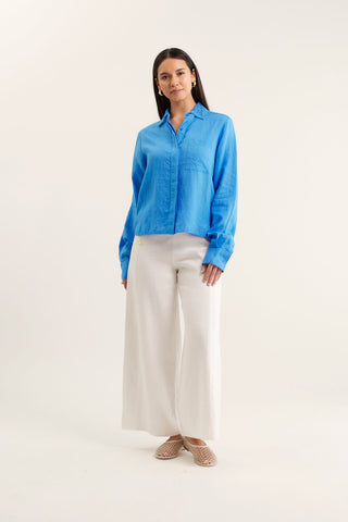 Lacey Linen Shirt In Cornflower