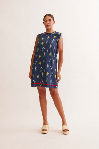 Jodie Linen Dress in Navy Lily Print