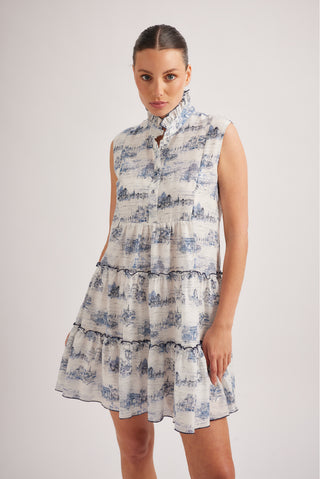 Modena Cotton Silk Dress in Navy French Toile