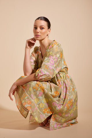 Nadine Cotton Silk Dress in Sage Rosa's Garden Print