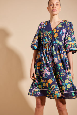 Nadine Cotton Silk Dress in Navy Rosa's Garden Print