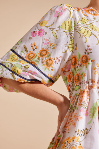 Nadine Cotton Silk Dress in Ivory Rosa's Garden Print