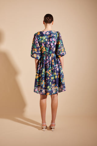 Nadine Cotton Silk Dress in Navy Rosa's Garden Print