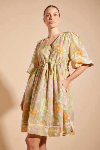 Nadine Cotton Silk Dress in Sage Rosa's Garden Print