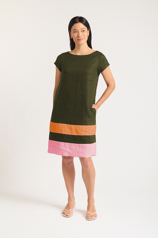 Connie Splice Linen Dress In Olive