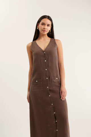 Tani Midi Linen Dress In Choc/White