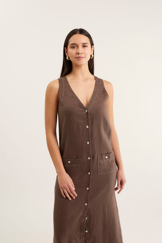Tani Midi Linen Dress In Choc/White