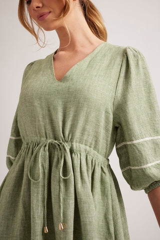 Alessandra Dresses Ada Linen Dress in Olive Houndstooth
