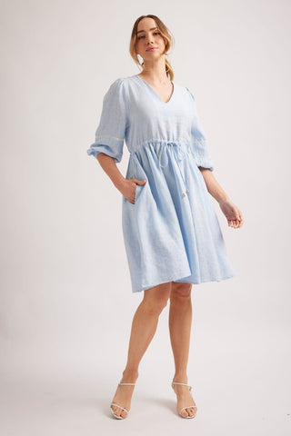 Alessandra Dresses Ada Linen Dress in Pale Blue Houndstooth