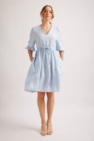 Alessandra Dresses Ada Linen Dress in Pale Blue Houndstooth