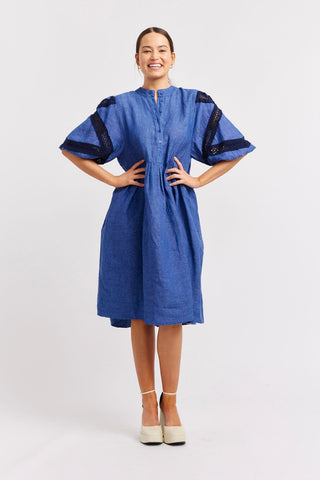 Alessandra Dresses Baci Linen Dress in Denim Blue
