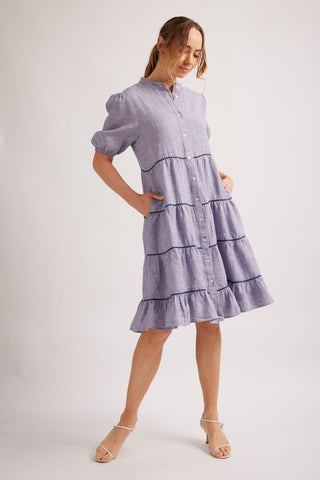Marcella Linen Dress in Navy Houndstooth