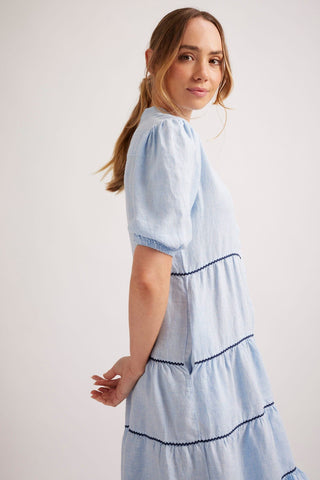 Alessandra Dresses Marcella Linen Dress in Pale Blue Houndstooth