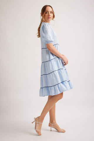 Alessandra Dresses Marcella Linen Dress in Pale Blue Houndstooth