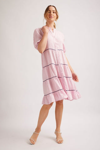 Marcella Linen Dress in Pale Pink Houndstooth