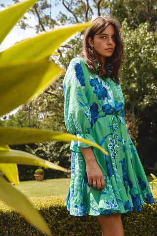 Alessandra Dresses Ravine Cotton Silk Dress in Emerald Night Garden
