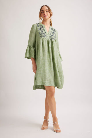 Alessandra Dresses Rover Linen Dress in Olive Houndstooth