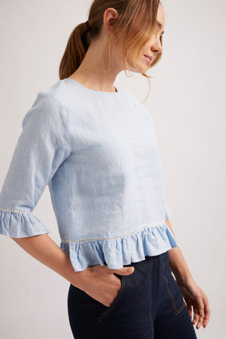 Alessandra Shirts Luisa Linen Top in Pale Blue Houndstooth