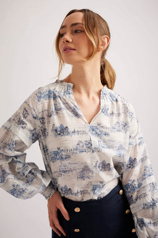 Alessandra Shirts Milana Cotton Silk Top in Navy French Toile