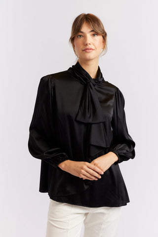 Alessandra Shirts Pussy Bow Silk Shirt in Black