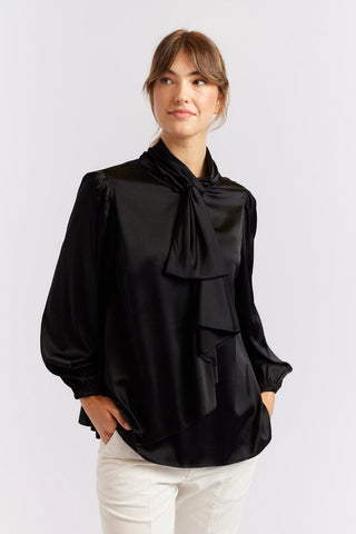 Alessandra Shirts Pussy Bow Silk Shirt in Black
