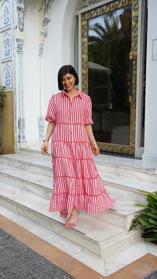 Marlow Breton Linen Dress In Pink/Red