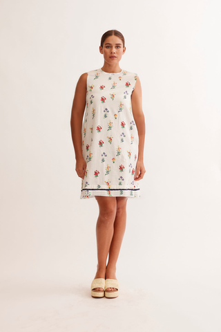 Jodie Linen Dress in Ivory Lily Print