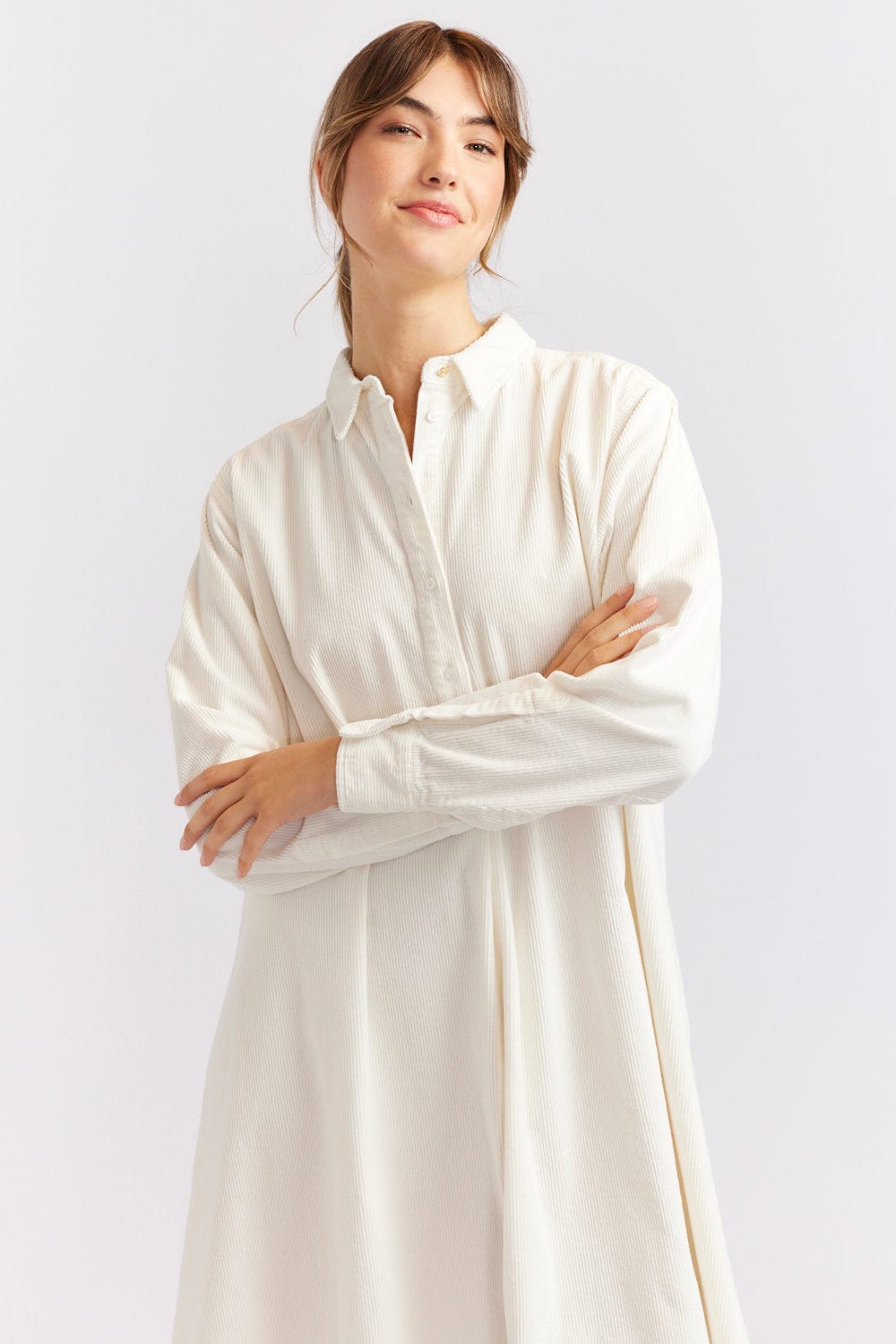 Alessandra Overshirt Corduroy Dress in Ivory White