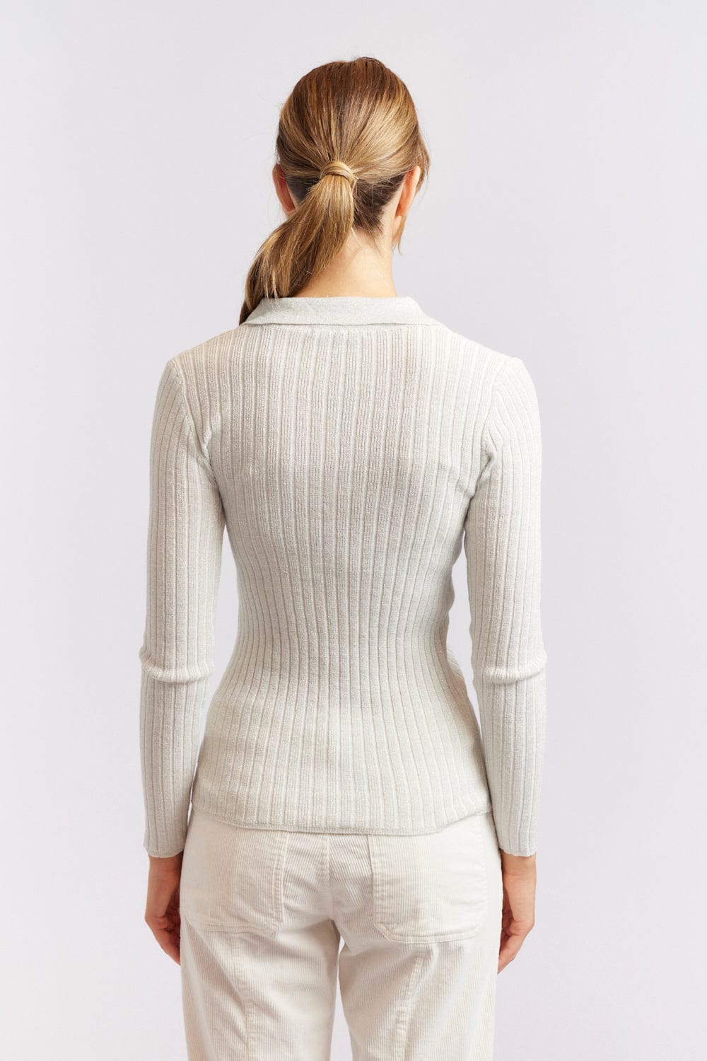 Alessandra Luna Knit Ribbed Top in Ivory White Lurex