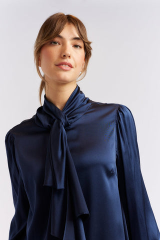 Alessandra Cashmere Shirts Pussy Bow Silk Shirt in Navy