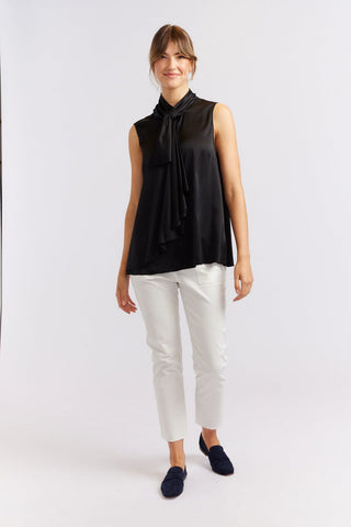 Alessandra Cashmere Shirts Sleeveless Pussy Bow Silk Top in Black