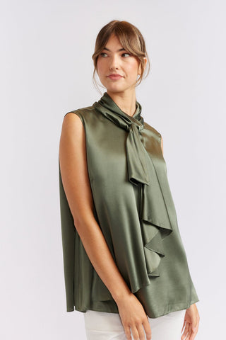 Alessandra Cashmere Shirts Sleeveless Pussy Bow Silk Top in Fern