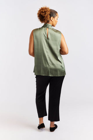 Alessandra Cashmere Shirts Sleeveless Pussy Bow Silk Top in Fern