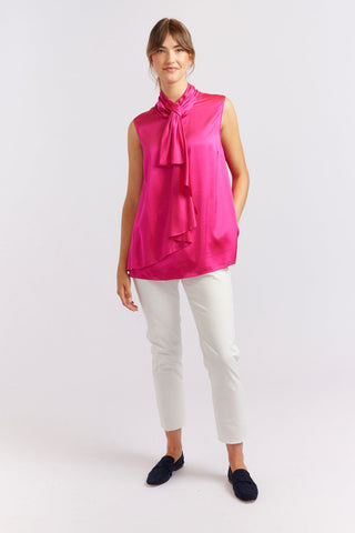 Alessandra Cashmere Shirts Sleeveless Pussy Bow Silk Top in Magenta